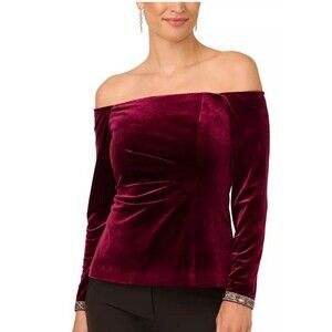 Adrianna Papell Velvet Off-The-Shoulder Beaded Top SIZE 14 BURGUNDY PRE OWNED